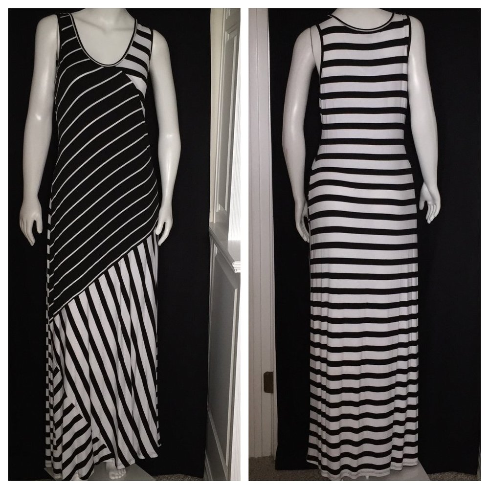 Fever Black and White Striped Maxi Dress ~ X-Large